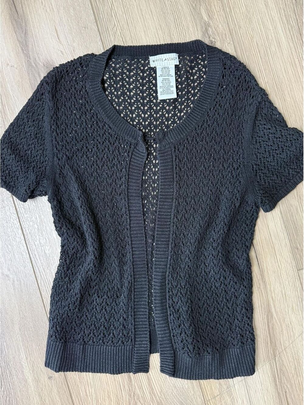 White Stag Cardigan Womens Medium Black Open Knit Short Sleeve Sweater Summer